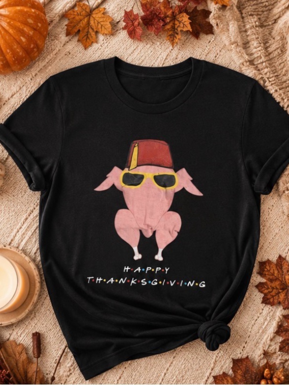 FRIENDS Happy Thanksgiving Turkey Graphic Tee Shirt
